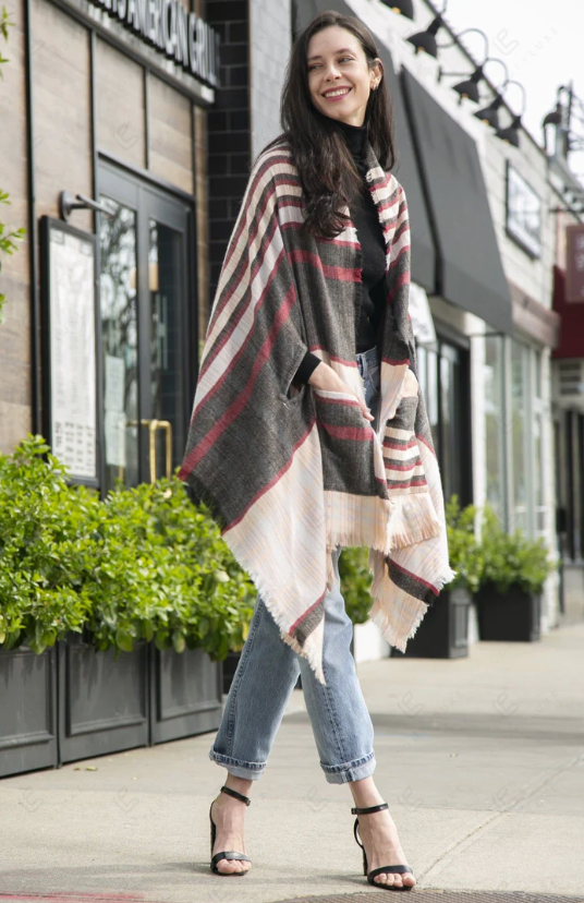 Tartan Check/Plaid Poncho Cape, Black