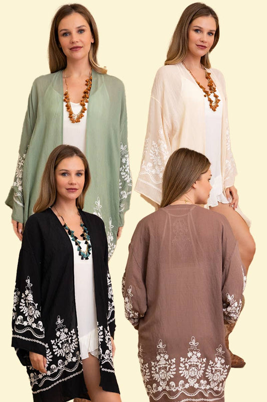 Leto Accessories - Embroidered Floral Vine Lightweight Kimono - Bell Sleeves