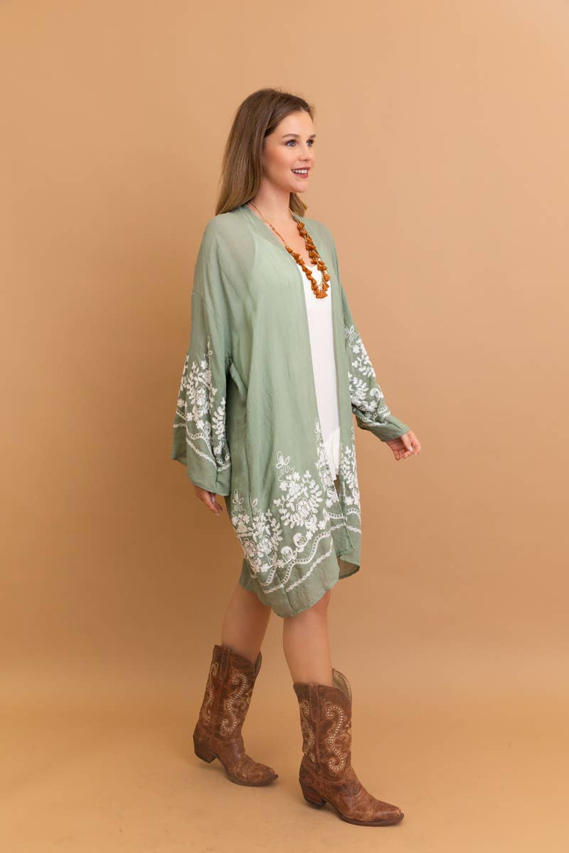 Leto Accessories - Embroidered Floral Vine Lightweight Kimono - Bell Sleeves