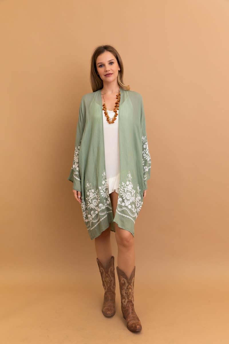 Leto Accessories - Embroidered Floral Vine Lightweight Kimono - Bell Sleeves