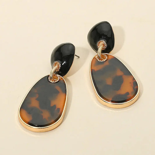 Tortoise Patterned Teardrop Link Drop Earrings, Dk Brown/Gold