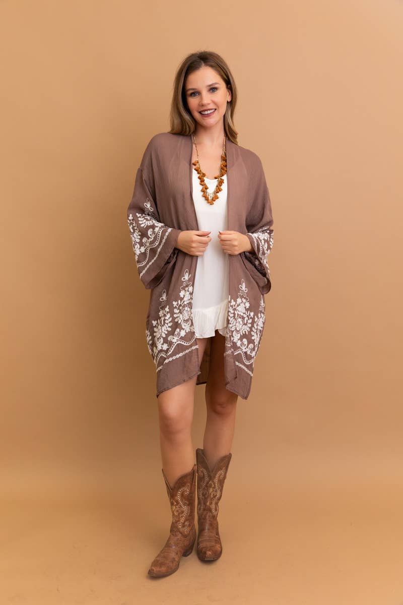 Leto Accessories - Embroidered Floral Vine Lightweight Kimono - Bell Sleeves