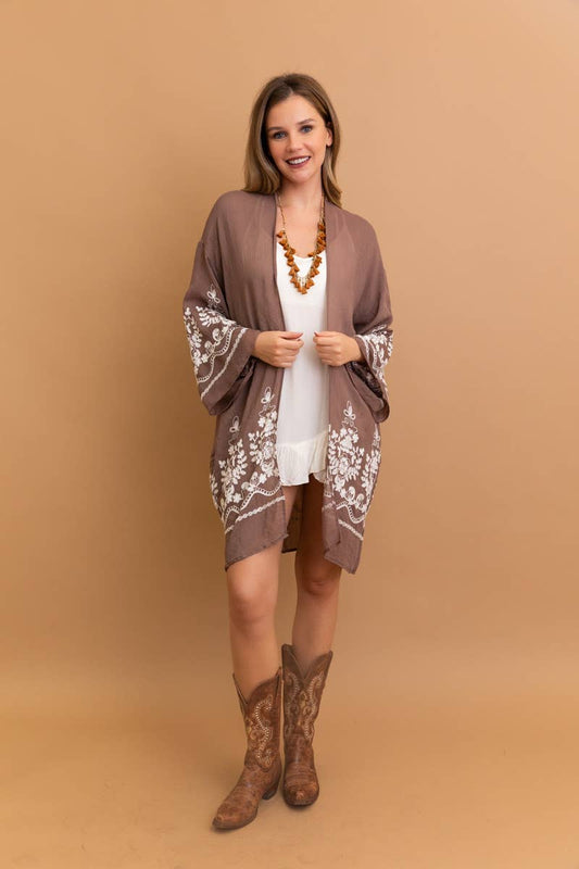 Leto Accessories - Embroidered Floral Vine Lightweight Kimono - Bell Sleeves