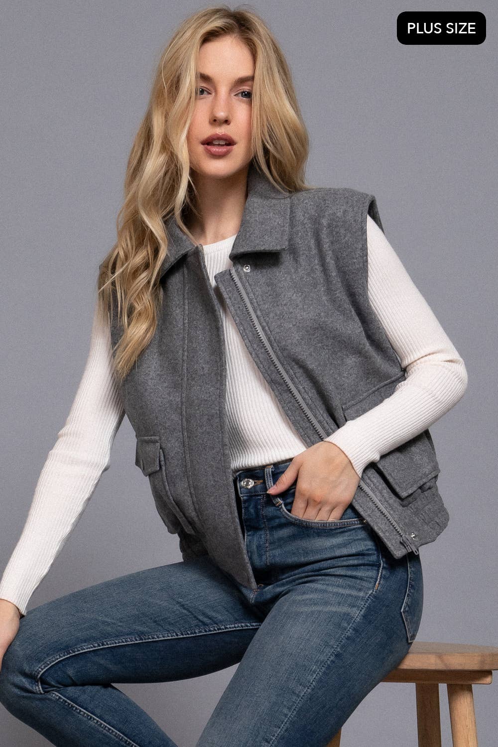Active USA - Notched Collar Soft Felt Zip Up Vest