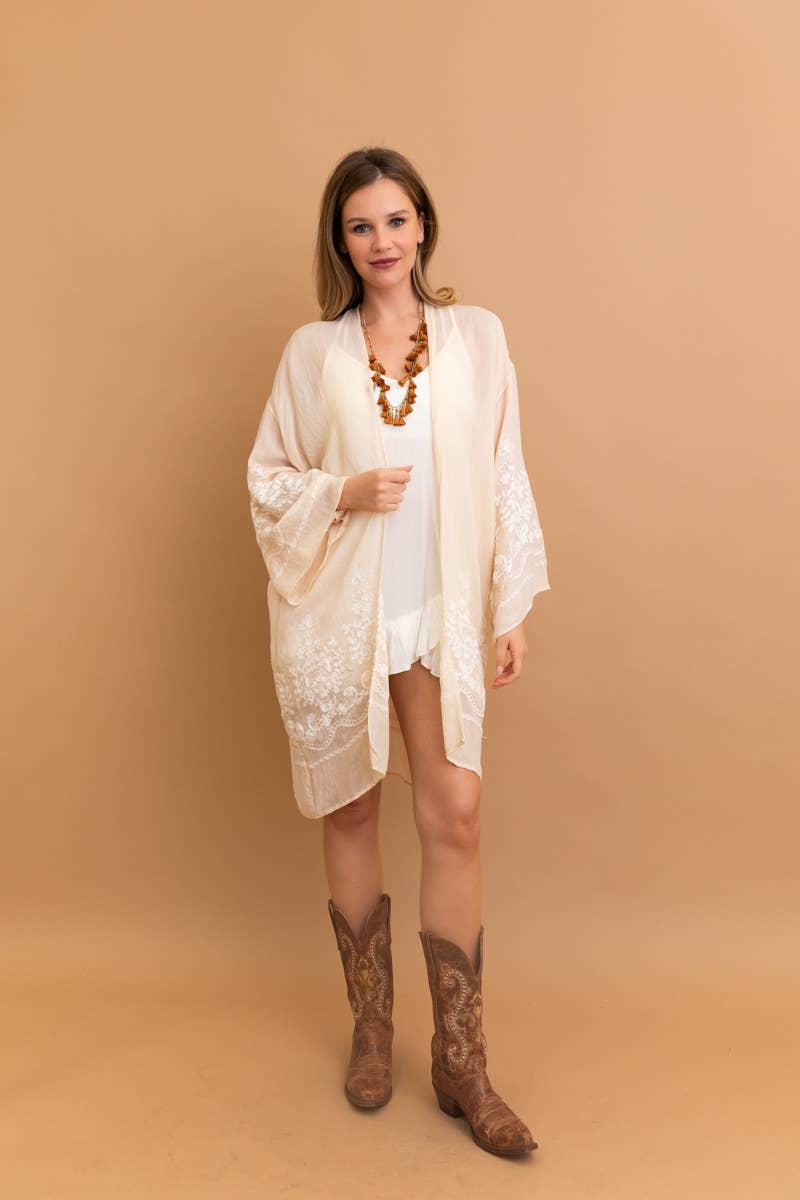 Leto Accessories - Embroidered Floral Vine Lightweight Kimono - Bell Sleeves