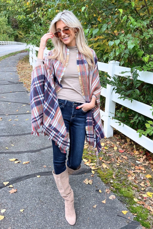 Tartan Check/Plaid Poncho Cape, Navy