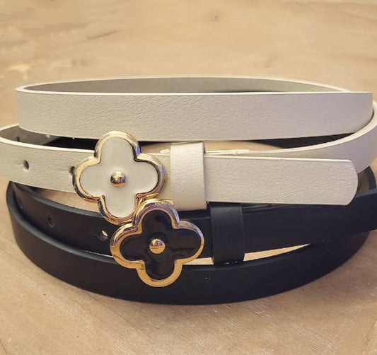 anbfashion - Duo Slim Simple Chic Clover Flower Buckle Leather Belt Set