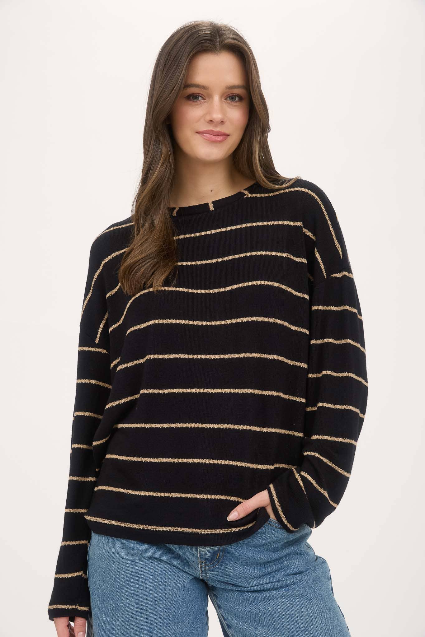 Blu Pepper - STRIPE LONG SLEEVE DROP SHOULDER KNIT TOP (PRE-ORDER)